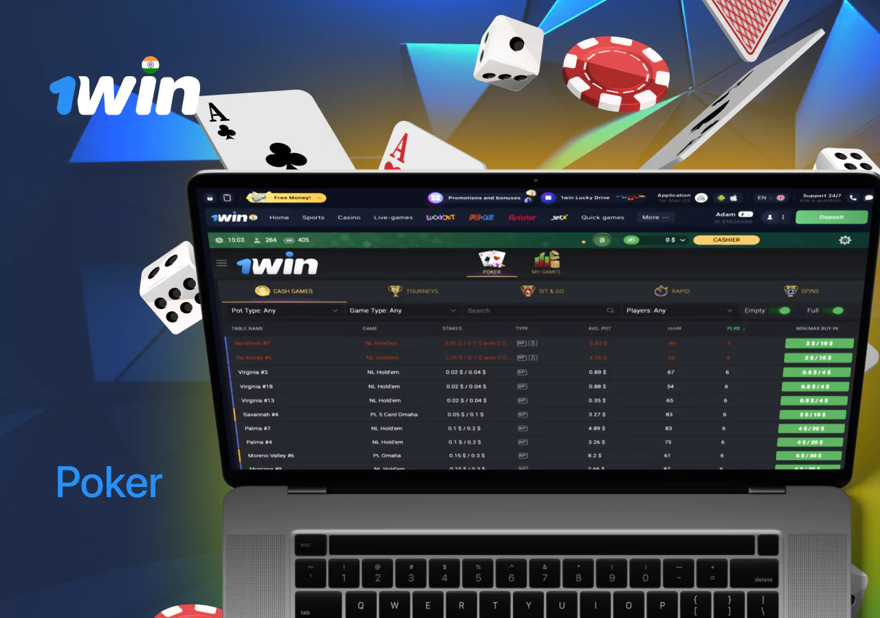 Poker games and tournaments on 1Win